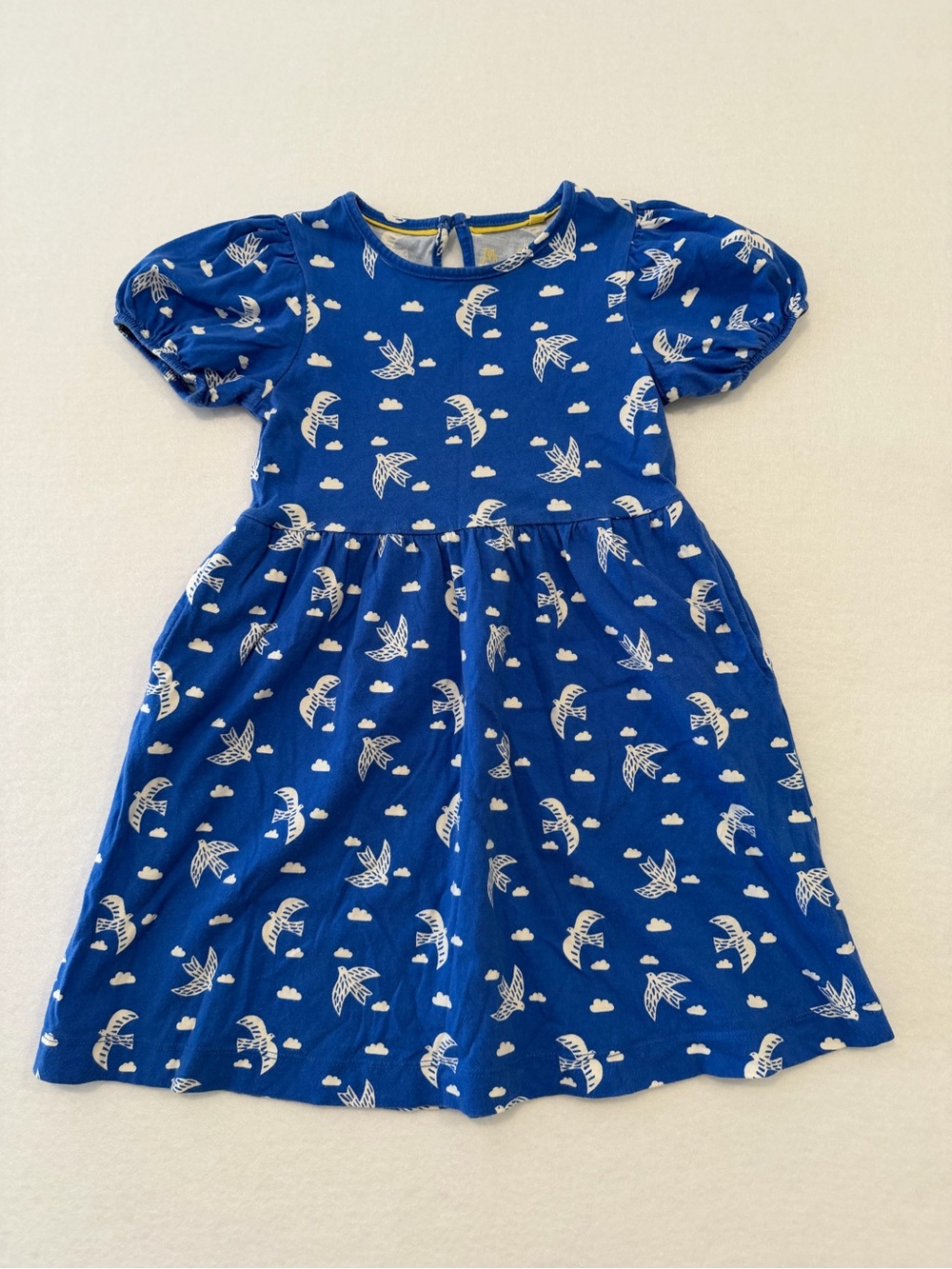 Mini Boden 5-6 Y Girls Dress With Pockets Blue With Doves And Clouds Pre Owned